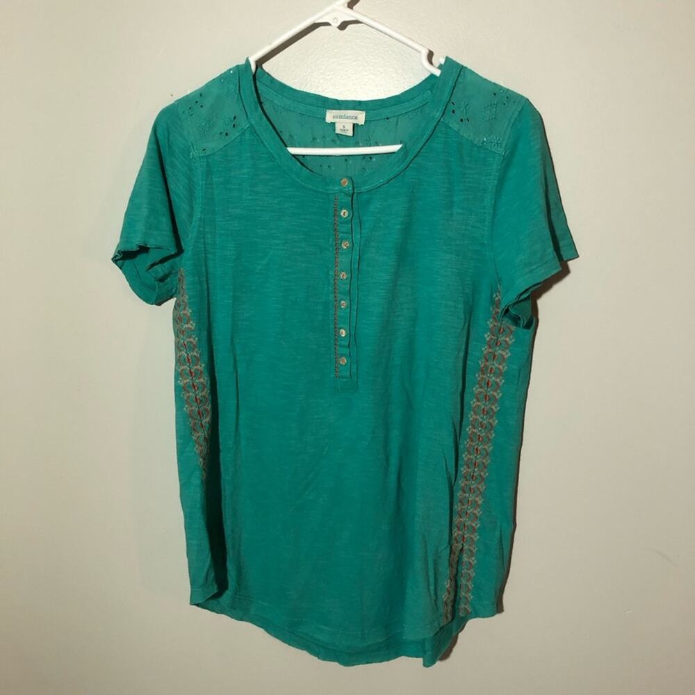 Sundance cotton Henley tshirt blue embroidery pointelle shoulder turquoise sz S